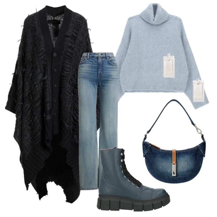 Outfit donna - Total look #2311480. Stile Casual chic per Ufficio. Abbinamento con stivaletti, cappe, maglieria, jeans, orecchini, borse a spalla.