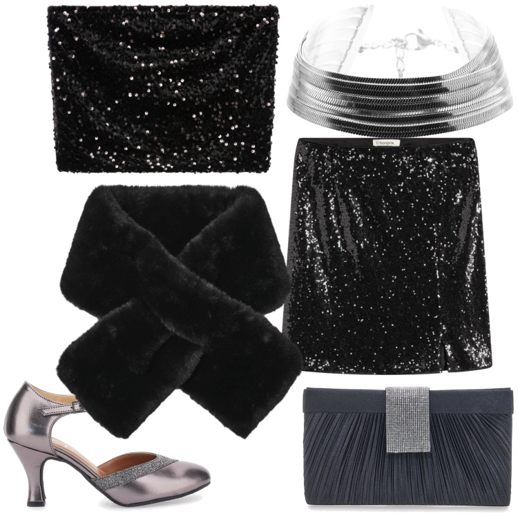 Outfit donna - Un anno brillante. Stile Glamour per Serata fuori. Abbinamento con minigonne, sciarpe, top, braccialetti, pochette, décolleté.