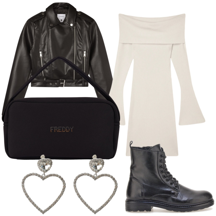 Outfit donna - Capodanno con amore. Stile Trendy per Tutti i giorni. Abbinamento con vestiti corti, giacche, borse a mano, orecchini, anfibi.