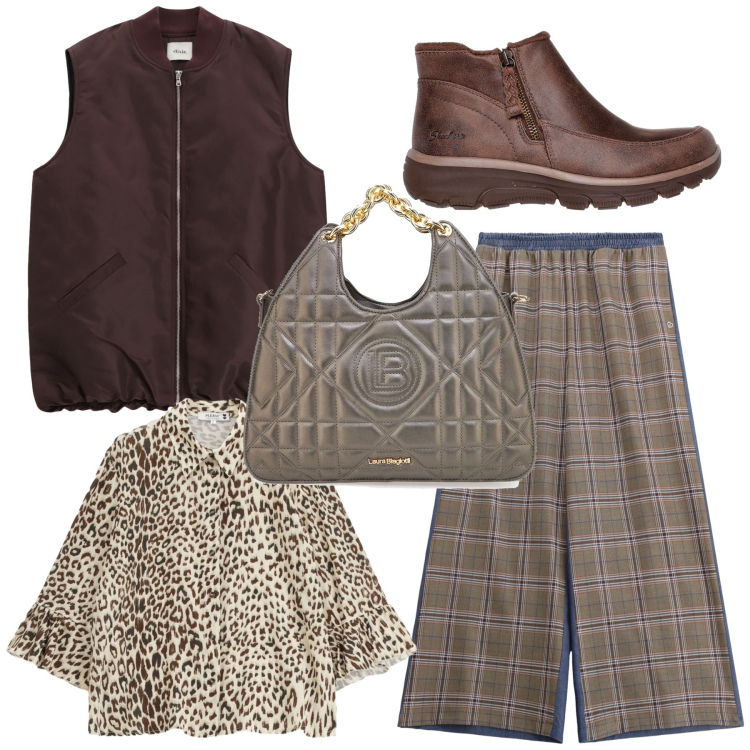 Outfit donna - Eleganza comoda comoda. Stile Urban per Ufficio. Abbinamento con pantaloni a palazzo, camicie, piumini, borse a mano, stivaletti.