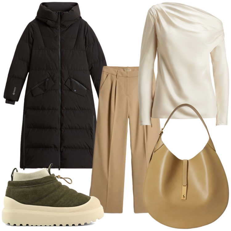 Outfit donna - Total look. Stile Trendy per Tutti i giorni. Abbinamento con bluse, borse a spalla, pantaloni, piumini, stivaletti.