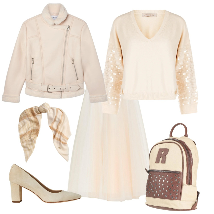 Outfit donna - Total look #2311490. Stile Casual chic per Ufficio. Abbinamento con gonne lunghe, zaini, maglieria, bomber, décolleté, sciarpe.