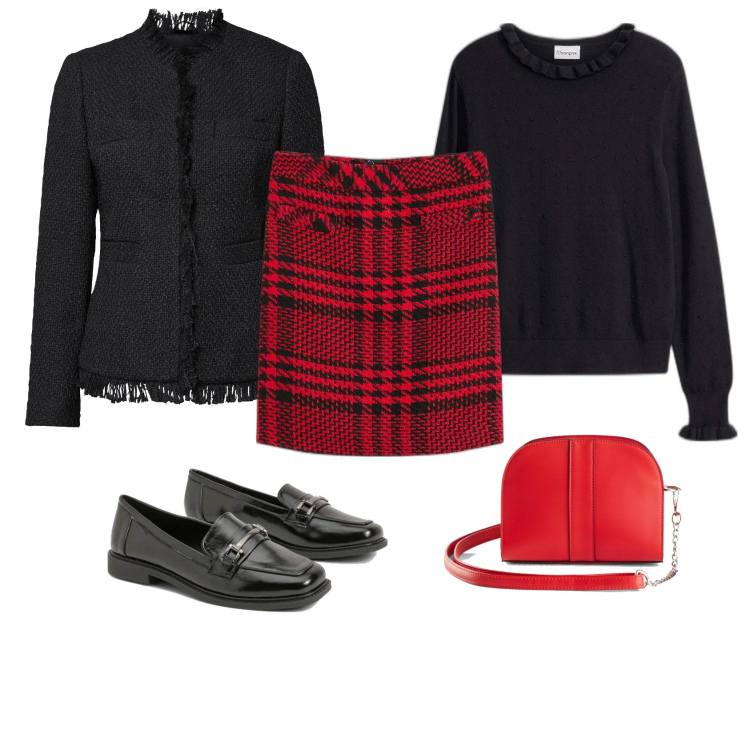 Outfit femme - Rouge et noir. Style Tendance pour Bureau. Assortir avec blazers, jupes, sacs en bandoulière, pulls, mocassins.