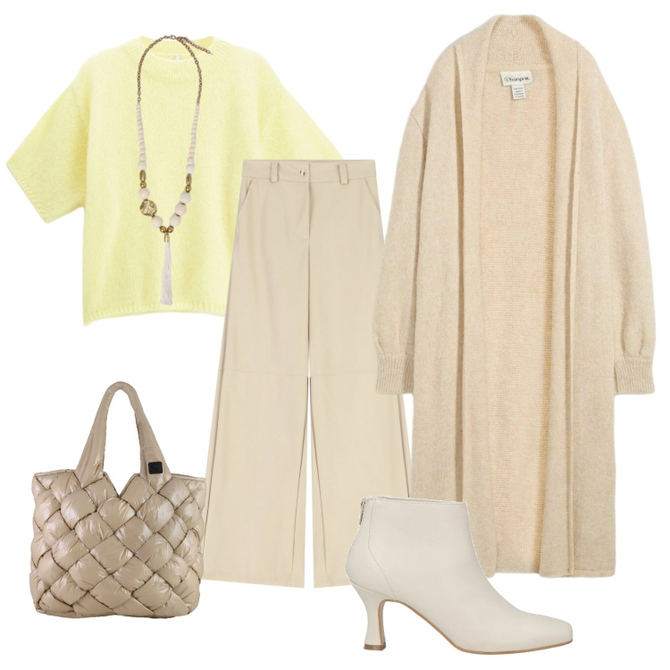 Outfit donna - Total look #2311496. Stile Casual chic per Ufficio. Abbinamento con cardigans, stivaletti, maglieria, pantaloni a palazzo, borse tote, ciondoli.