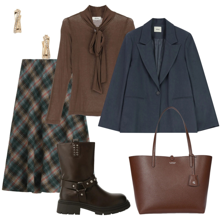 Outfit donna - Total look #2311503. Stile Casual chic per Ufficio. Abbinamento con stivali, gonne longuette, blazer, top, borse tote, orecchini.