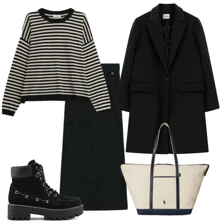 Outfit donna - Total look #2311504. Stile Casual chic per Tutti i giorni. Abbinamento con borse tote, gonne lunghe, cappotti, maglieria, stivaletti.