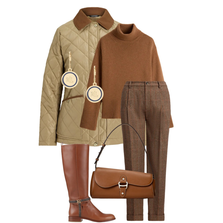 Outfit donna - Total look #2311505. Stile Casual chic per Tutti i giorni. Abbinamento con stivali, borse a spalla, giacche, orecchini, pantaloni, maglieria.
