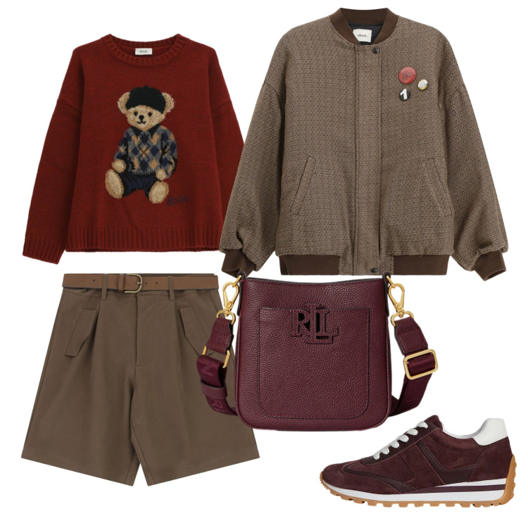 Outfit donna - Total look #2311507. Stile Casual chic per Scuola/Università. Abbinamento con shorts, bomber, maglieria, borse a tracolla, sneakers.