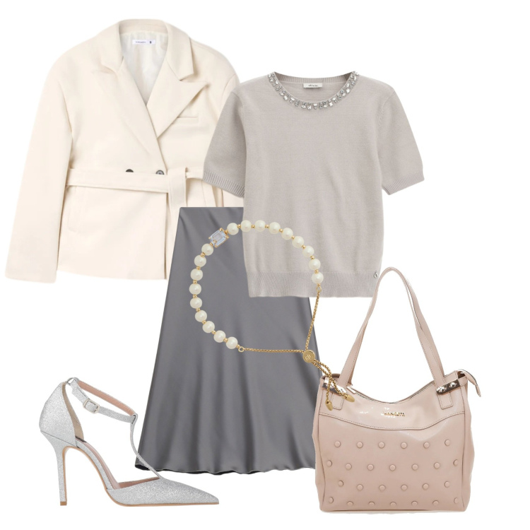 Outfit donna - Soft grey. Stile Chic per Serata fuori. Abbinamento con décolleté, blazer, maglieria, gonne longuette, braccialetti, shopping bag.