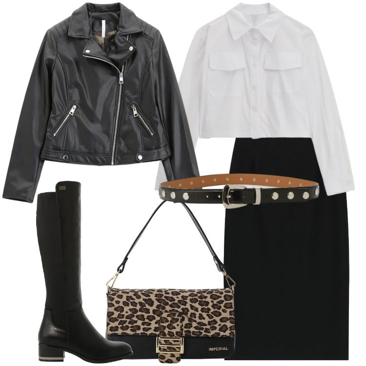 Outfit donna - Imperial - Saldi FW 2025. Stile Rock per Serata fuori. Abbinamento con gonne longuette, blazer, camicie, borse a spalla, stivali sopra il ginocchio, cinture.