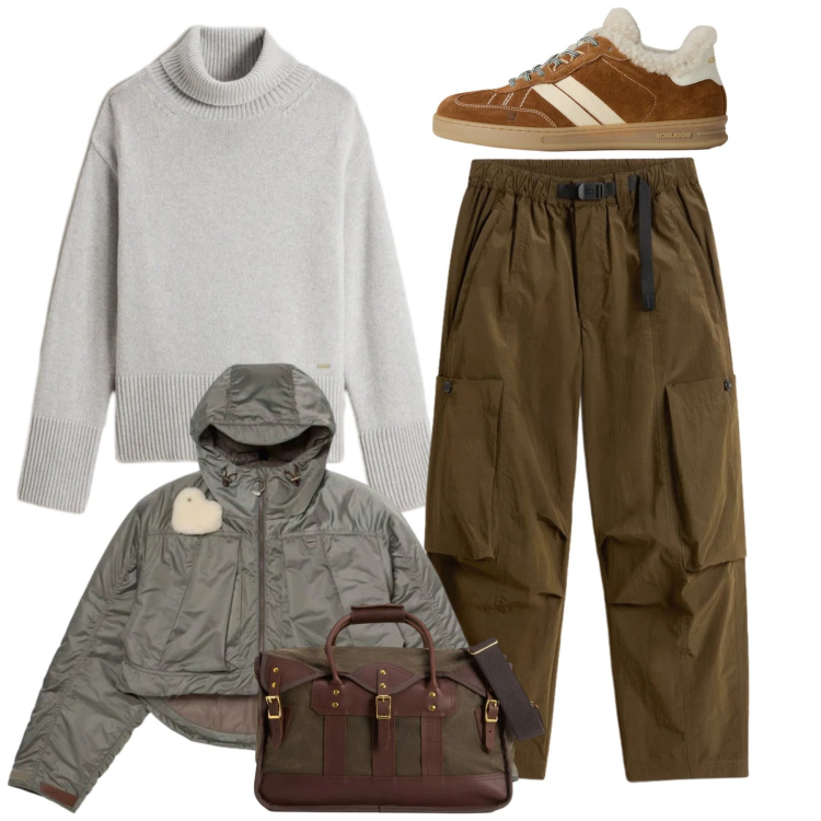 Outfit donna - Saldi Invernali Woolrich. Stile Casual per Tutti i giorni. Abbinamento con borse a tracolla, pantaloni cargo, blazer, sneakers, maglieria.