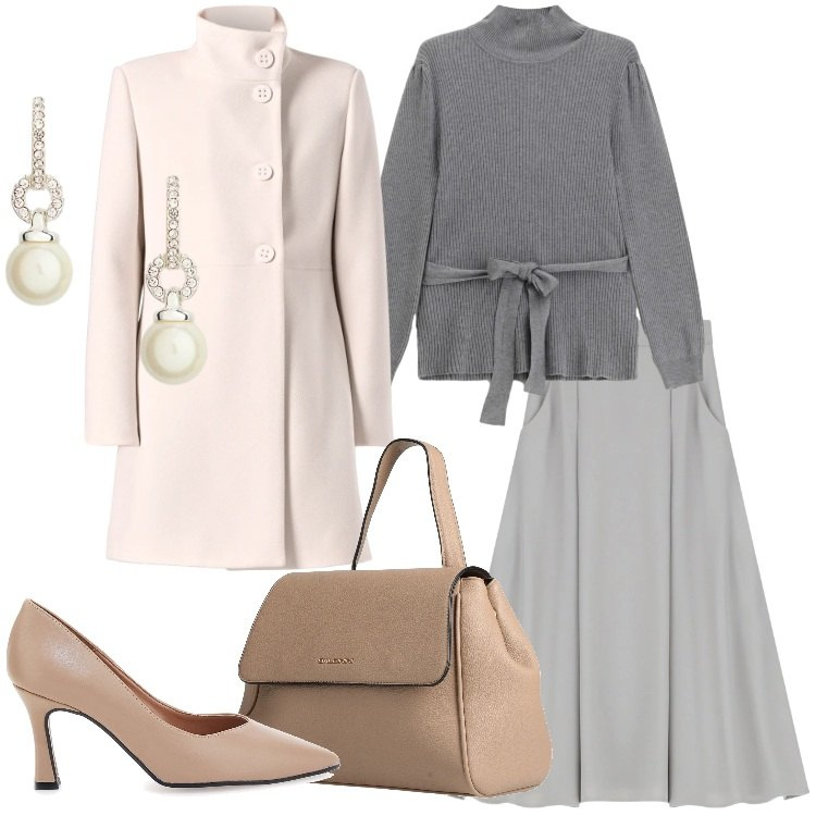 Outfit donna - Winter in Soft Grey. Stile Romantica per Cerimonia. Abbinamento con zaini, gonne lunghe, maglieria, cappotti, orecchini, décolleté.