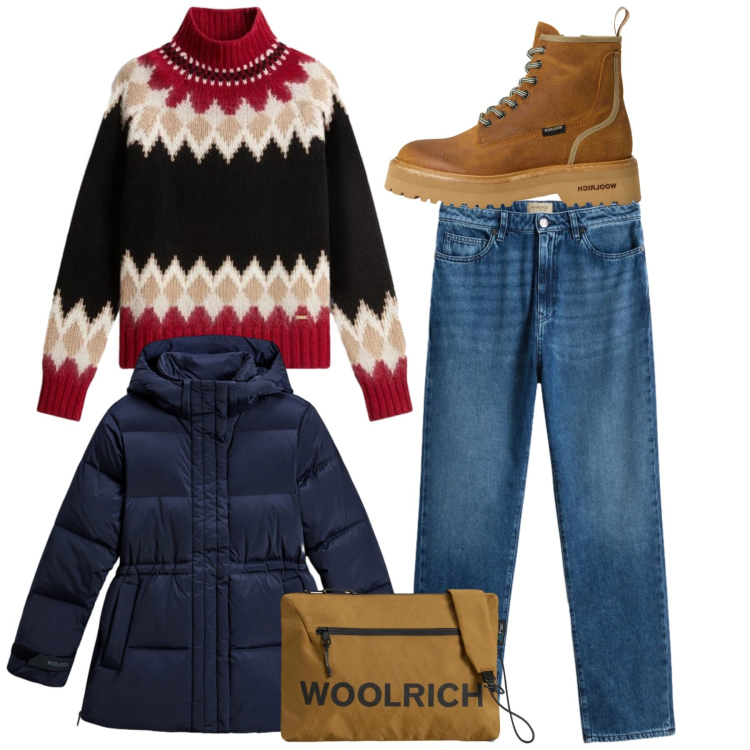 Outfit donna - Saldi Invernali Woolrich. Stile Casual per Tutti i giorni. Abbinamento con borse a tracolla, jeans, piumini, anfibi, maglieria.