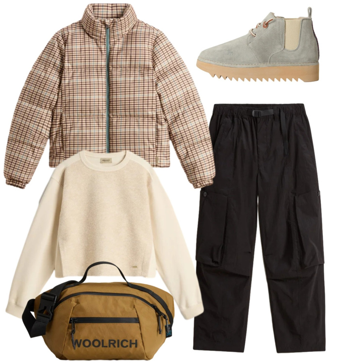 Outfit donna - Saldi Invernali Woolrich. Stile Casual per Tutti i giorni. Abbinamento con borse a tracolla, felpe, stivaletti, piumini, pantaloni cargo.