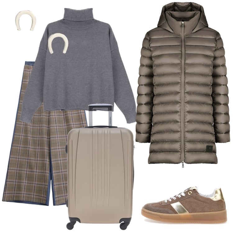 Outfit donna - In viaggio per le vacanze. Stile Casual chic per Tutti i giorni. Abbinamento con maglieria, pantaloni a palazzo, orecchini, piumini, sneakers, valigie.