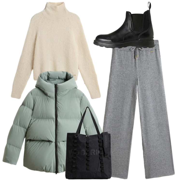 Outfit donna - Saldi Invernali Woolrich. Stile Casual per Tutti i giorni. Abbinamento con borse tote, stivaletti, maglieria, pantaloni, piumini.