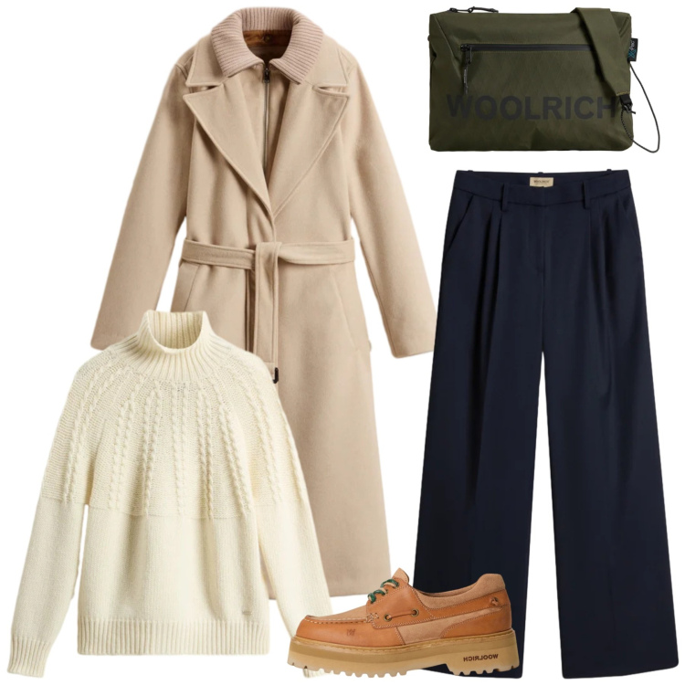 Outfit donna - Saldi Invernali Woolrich. Stile Casual per Tutti i giorni. Abbinamento con borse a tracolla, cappotti, maglieria, pantaloni, mocassini.