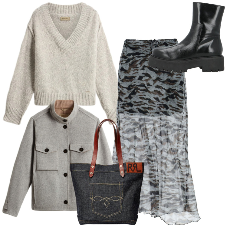 Outfit donna - Winter in Soft Grey. Stile Bon Ton per Tutti i giorni. Abbinamento con stivaletti, gonne lunghe, borse tote, maglieria, blazer.