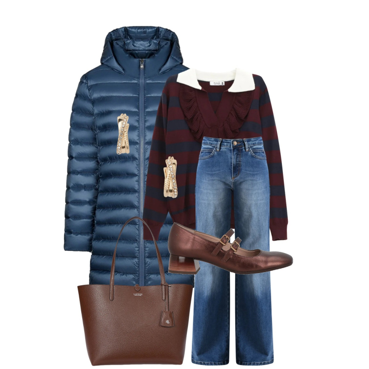 Outfit donna - Total look #2311530. Stile Casual per Tutti i giorni. Abbinamento con décolleté, pullovers, orecchini, borse tote, piumini, jeans.