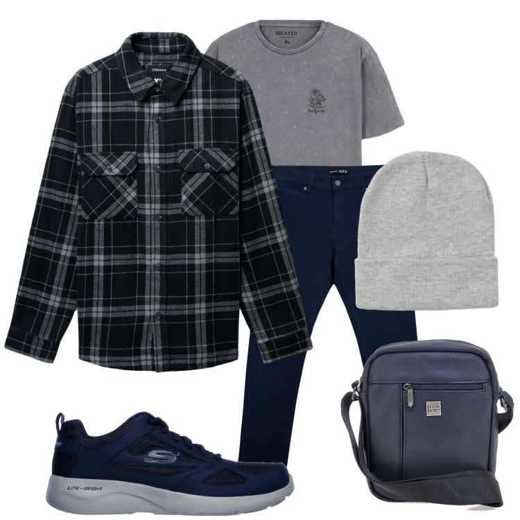 Outfit uomo - Gennaio. Stile Casual per Tutti i giorni. Abbinamento con t-shirt, pantaloni skinny, berretti, cappotti, sneakers, borse sportive.