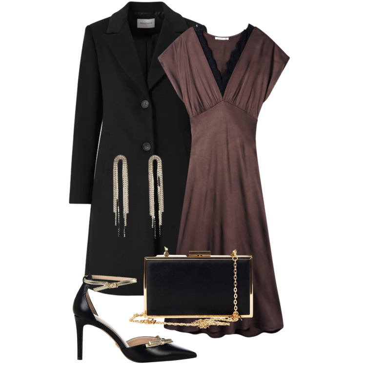 Outfit donna - Total look #2311534. Stile Chic per Serata fuori. Abbinamento con vestiti lunghi, orecchini, orecchini, décolleté, pochette, cappotti.