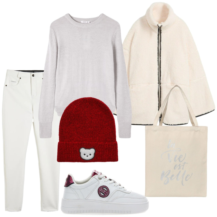 Outfit donna - Vado a far la spesa. Stile Casual per Tutti i giorni. Abbinamento con blazer, borse tote, maglieria, berretti, pantaloni skinny, sneakers.