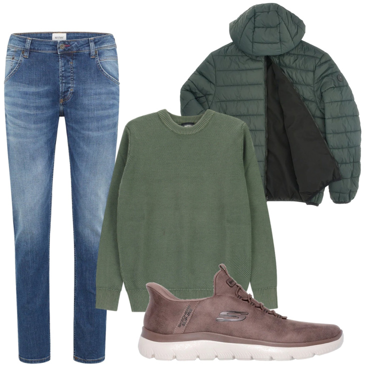 Outfit uomo - Gennaio in lana. Stile Casual per Ufficio. Abbinamento con jeans dritti, pullovers, sneakers, giacche.