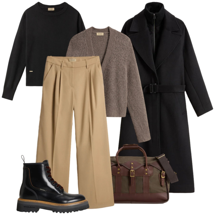 Outfit donna - Vivere l’inverno con Woolrich. Stile Casual chic per Tutti i giorni. Abbinamento con borse a tracolla, anfibi, cappotti, pantaloni, cardigans, maglieria.