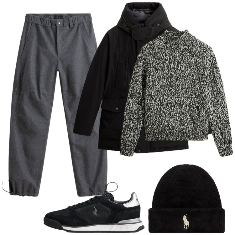 Outfit uomo - Lana Mouliné. Stile Casual per Tutti i giorni. Abbinamento con sneakers, berretti, maglieria, pantaloni, parka.