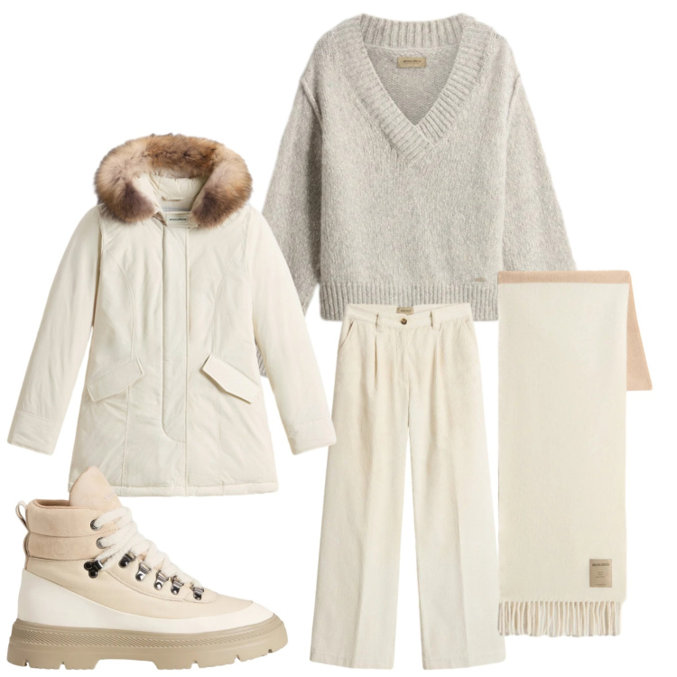 Outfit donna - Chiaramente. Stile Casual per Tutti i giorni. Abbinamento con parka, pantaloni, sciarpe, maglieria, anfibi.