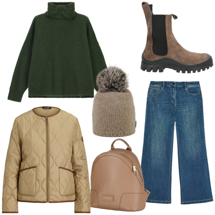 Outfit donna - Un tocco di verde. Stile Urban per Tutti i giorni. Abbinamento con zaini, stivaletti chelsea, maglieria, giacche, berretti, jeans dritti.