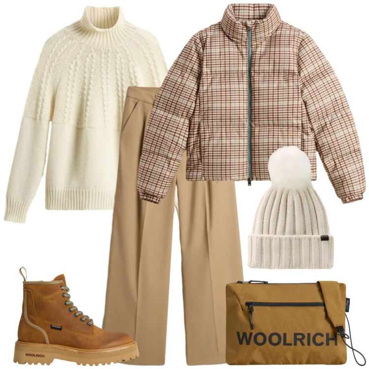 Outfit donna - Al calduccio. Stile Casual per Tutti i giorni. Abbinamento con borse a tracolla, anfibi, piumini, maglieria, pantaloni, berretti.