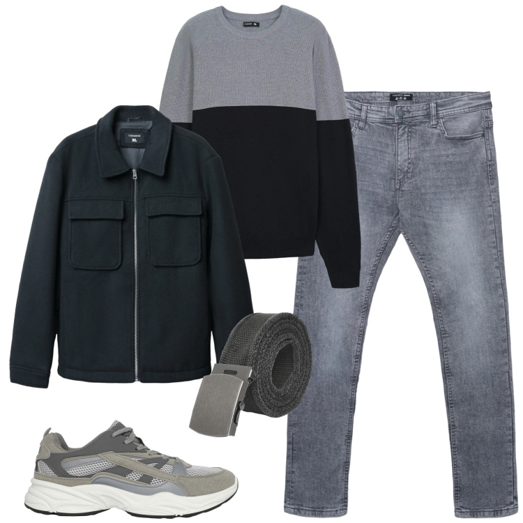 Outfit uomo - Gennaio. Stile Casual per Tutti i giorni. Abbinamento con cappotti, sneakers, cinture, jeans skinny, maglieria.