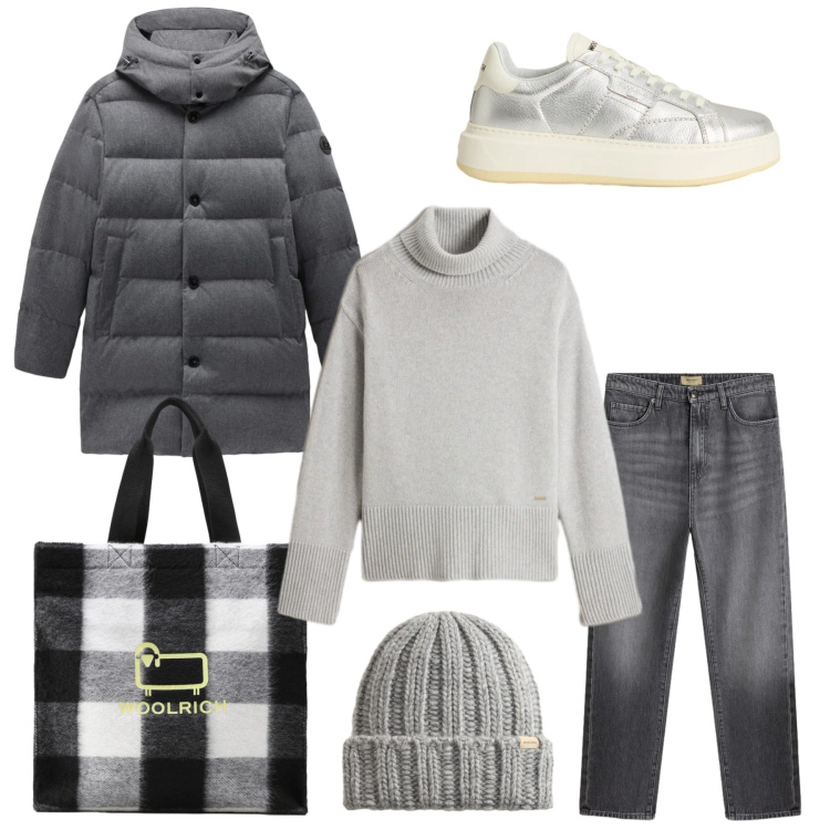 Outfit donna - L\'eleganza del grigio. Stile Urban per Tutti i giorni. Abbinamento con borse tote, jeans, sneakers, berretti, maglieria, piumini.