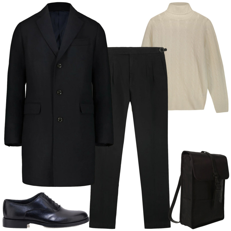 Outfit uomo - Rientro in ufficio. Stile Business/Elegante per Ufficio. Abbinamento con borse sportive, pantaloni, cappotti, maglieria, scarpe stringate.