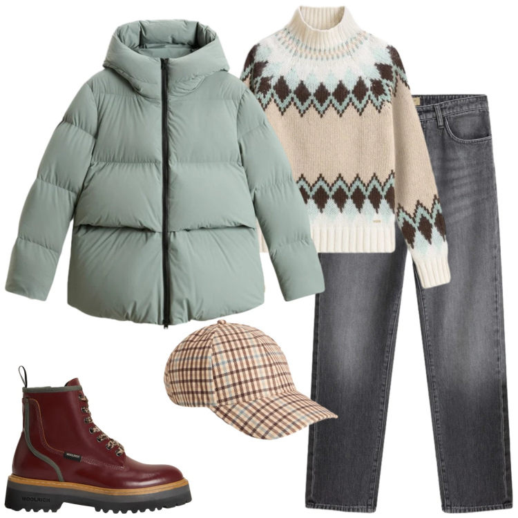 Outfit donna - Saldi woollrich. Stile Casual chic per Tutti i giorni. Abbinamento con jeans, maglieria, cappelli, anfibi, piumini.