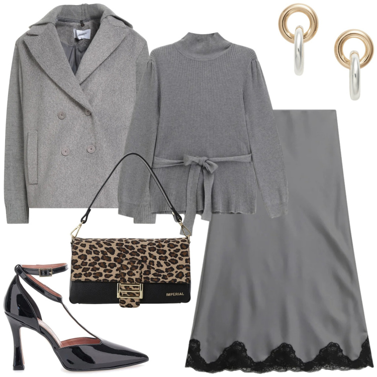 Outfit donna - Soft grey. Stile Minimal per Tutti i giorni. Abbinamento con caban, maglieria, borse a spalla, orecchini, gonne lunghe, décolleté.