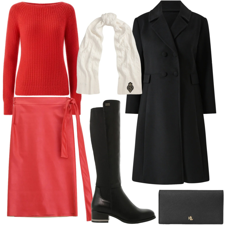 Outfit donna - Il cappotto nero. Stile Minimal per Serata fuori. Abbinamento con stivali sopra il ginocchio, portafogli, sciarpe, gonne longuette, cappotti, pullovers.