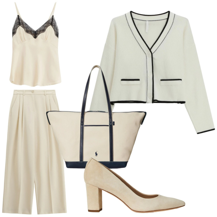 Outfit donna - Tonalità panna e burro. Stile Minimal per Serata fuori. Abbinamento con cardigans, pantaloni a palazzo, top, borse tote, décolleté.