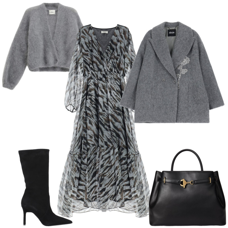 Outfit donna - Soft Grey Animalier. Stile Trendy per Tutti i giorni. Abbinamento con stivali, vestiti lunghi, cardigans, cappotti, borse a mano.