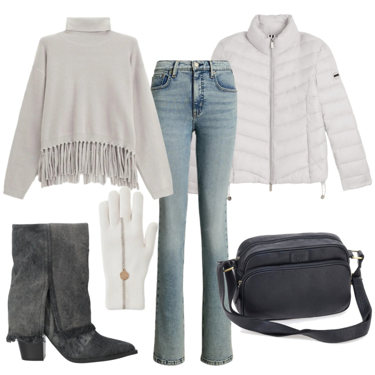 Outfit donna - Soft gray casual. Stile Casual per Tutti i giorni. Abbinamento con stivaletti, maglieria, piumini, jeans bootcut, guanti, borse a tracolla.