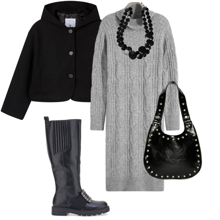 Outfit donna - Grey soft. Stile Chic per Tutti i giorni. Abbinamento con vestiti, caban, stivali, borse a spalla, collane.