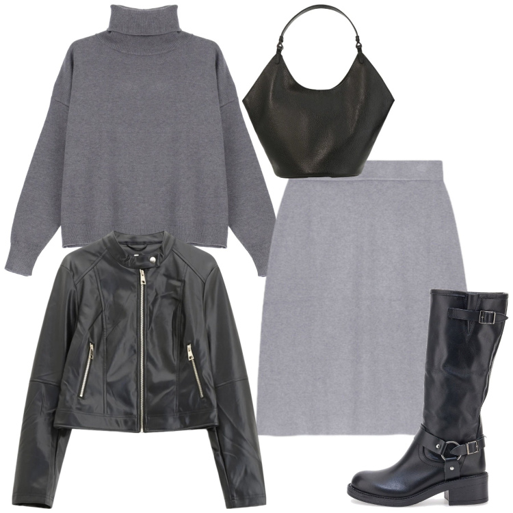 Outfit donna - Winter in Soft Grey. Stile Bon Ton per Tutti i giorni. Abbinamento con giacche, maglieria, borse a spalla, gonne, stivali.