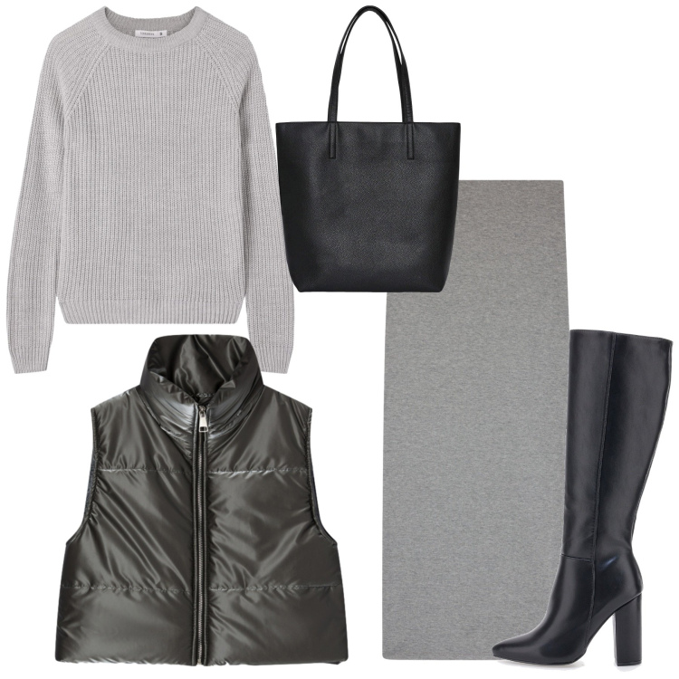 Outfit donna - Winter in Soft Grey. Stile Bon Ton per Tutti i giorni. Abbinamento con gonne lunghe, maglieria, borse tote, piumini, stivali sopra il ginocchio.