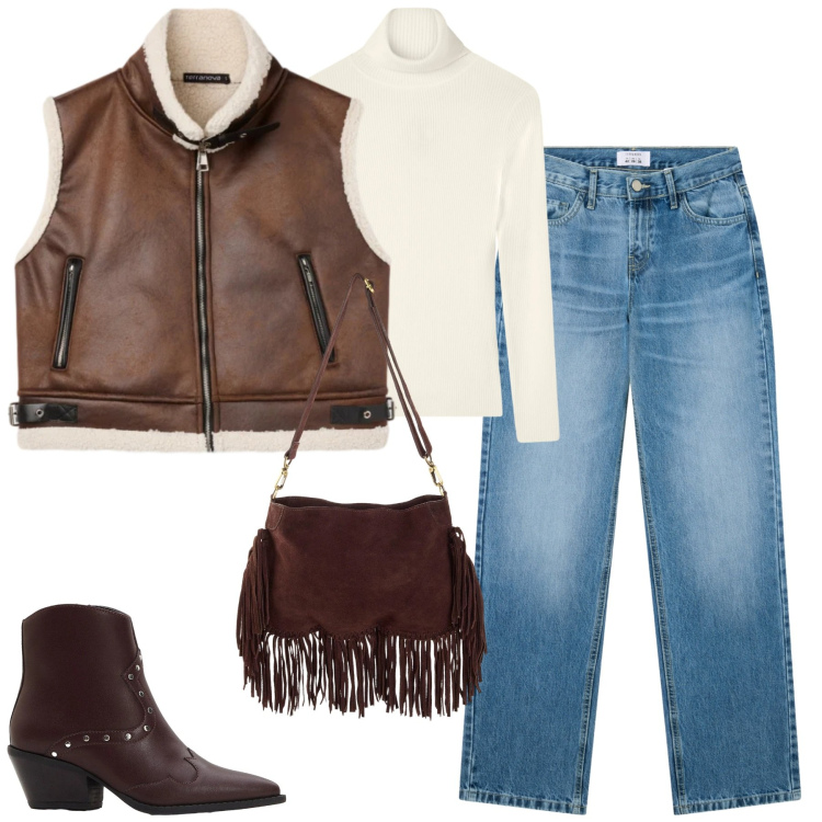 Outfit donna - Gennaio. Stile Rock per Tutti i giorni. Abbinamento con stivaletti texani, borse a tracolla, maglieria, piumini, jeans dritti.