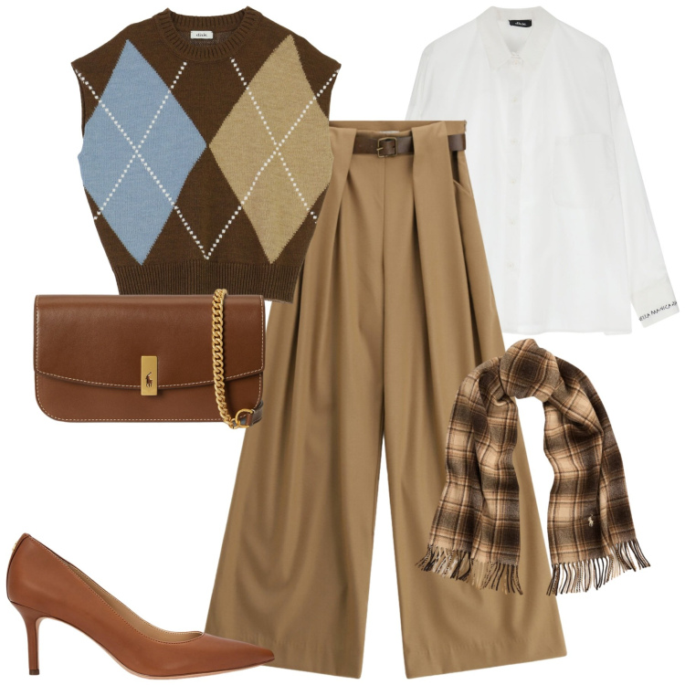 Outfit donna - Gennaio. Stile Urban per Tutti i giorni. Abbinamento con camicie, gilet, pantaloni a palazzo, décolleté, clutch, sciarpe.