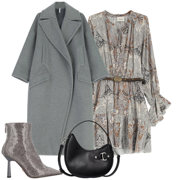 Outfit donna - Soft grey. Stile Trendy per Tutti i giorni. Abbinamento con stivaletti, cappotti, borse a tracolla, vestiti corti.
