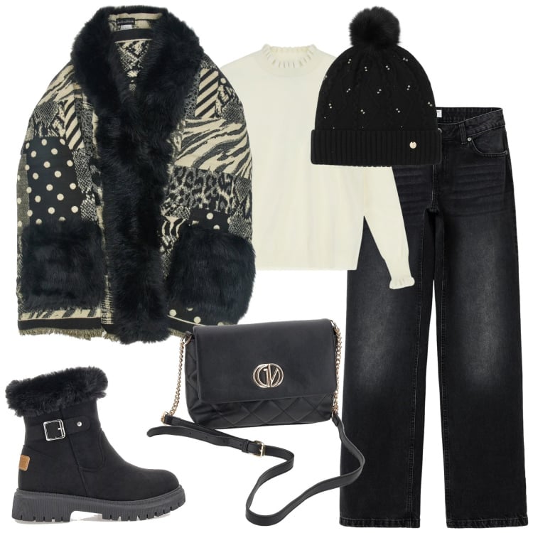 Outfit donna - Al caldo. Stile Casual per Tutti i giorni. Abbinamento con jeans, maglieria, berretti, stivaletti, borse a mano, cappe.