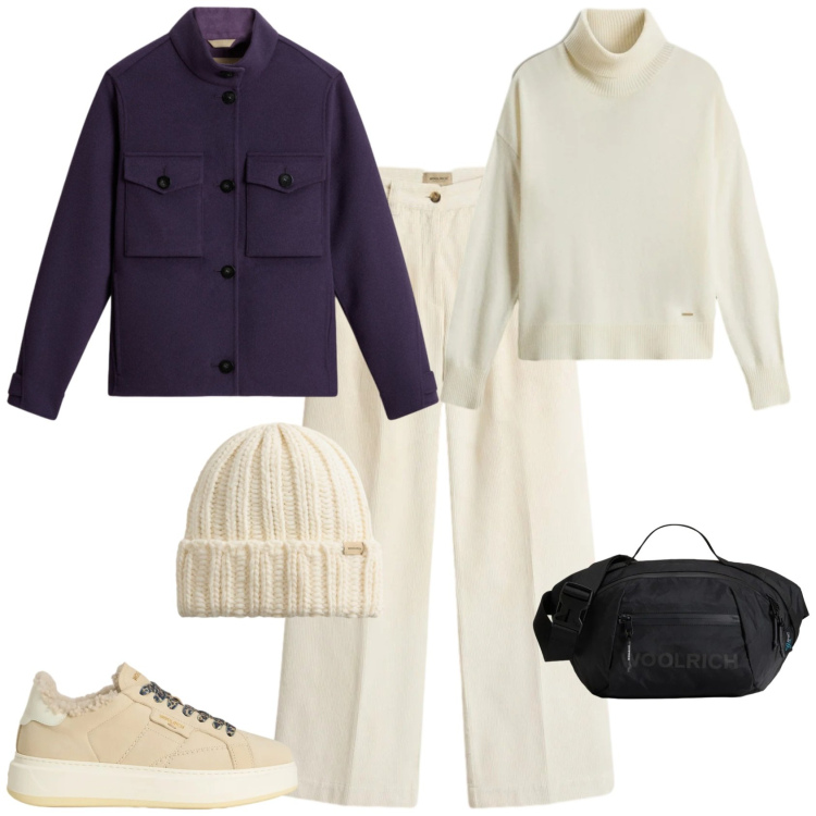 Outfit donna - Trendy week end in montagna. Stile Trendy per Tutti i giorni. Abbinamento con borse a tracolla, pantaloni, sneakers, berretti, maglieria, blazer.