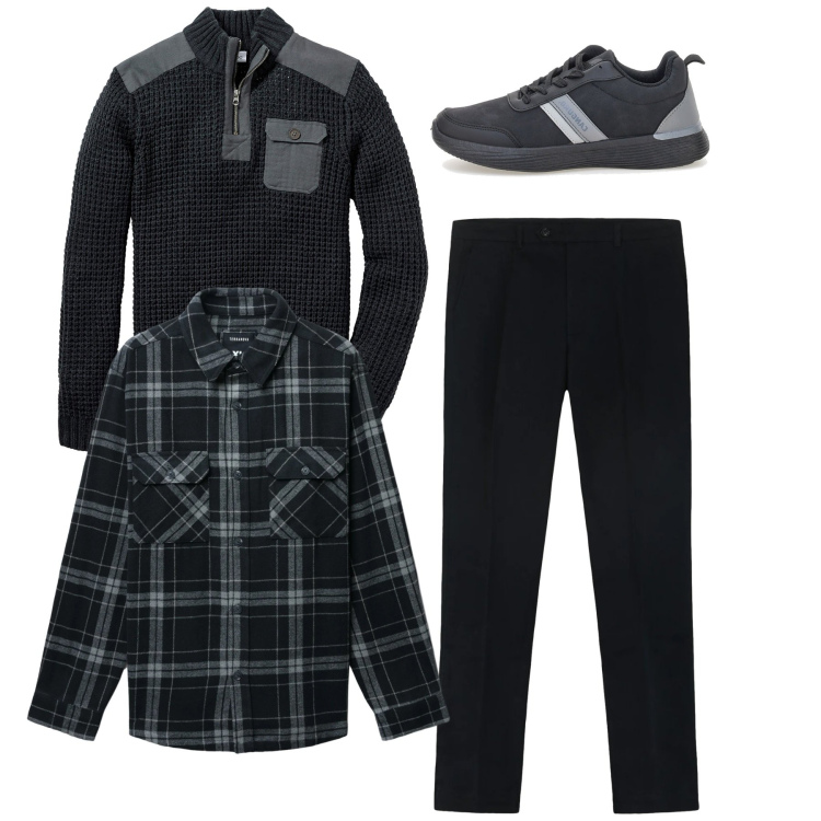 Outfit uomo - Total look. Stile Casual per Tutti i giorni. Abbinamento con maglieria, cappotti, pantaloni, sneakers.